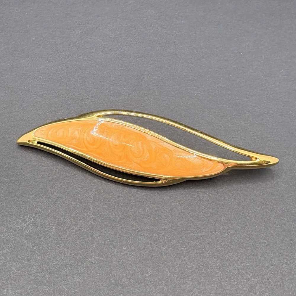 Vintage Monet Curved Brooch Peach Orange Swirl Enamel Gold Tone Classic 3"